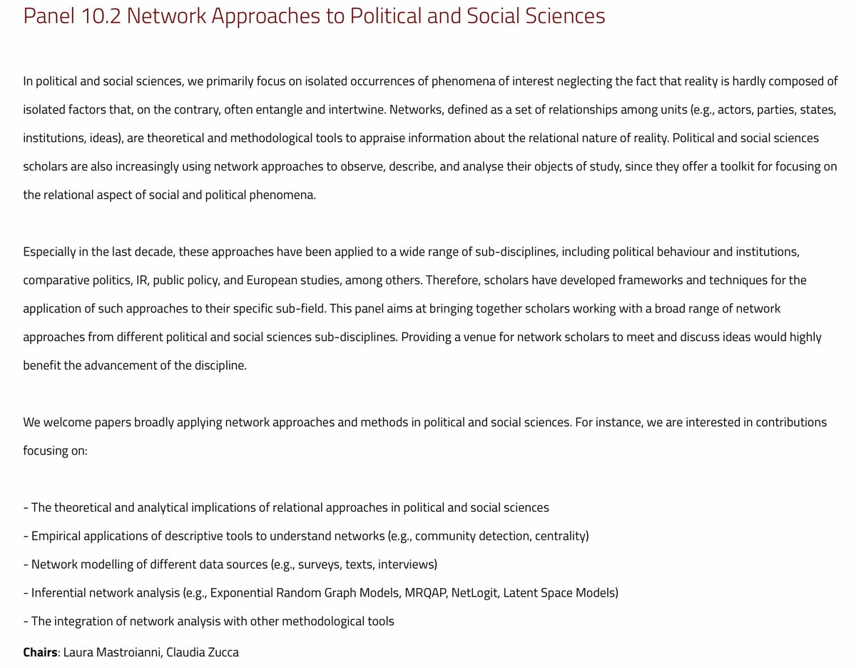 Laura Mastroianni (@laura_mas3) on Twitter photo Are you interested in #networkanalysis in Political and Social Sciences? @_CZucca and I are organising a panel at <a href="/sisp__/">Società Italiana di Scienza Politica</a> Conference in Trieste (12-14 September 2024). Come and join us!
Abstract submission deadline: 31st May 2024
Feel free to reach out for any info! Are you interested in #networkanalysis in Political and Social Sciences? @_CZucca and I are organising a panel at <a href="/sisp__/">Società Italiana di Scienza Politica</a> Conference in Trieste (12-14 September 2024). Come and join us!
Abstract submission deadline: 31st May 2024
Feel free to reach out for any info!