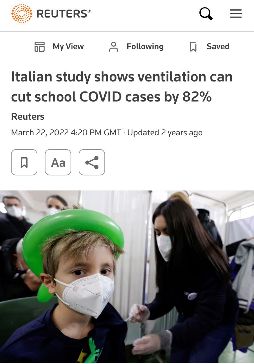 ▪️An Italian study showed that ventilation delivering 6 air changes per hour could reduce transmission of Covid by a massive 82%. reuters.com/world/europe/i…