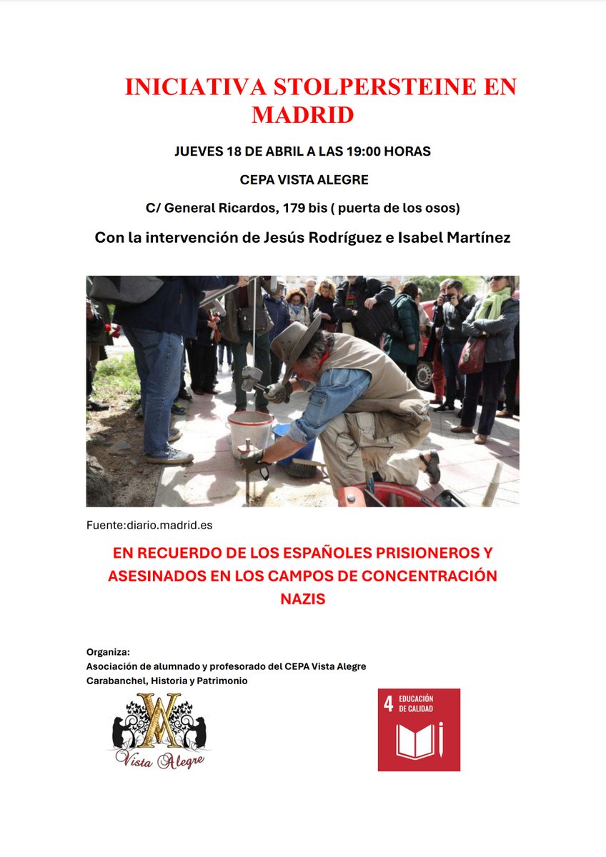 Este próximo jueves, 18 de abril, en el CEPA Vista Alegre (Madrid), hablaremos de la iniciativa Stolpersteine, junto con varios familiares de vecinos de Madrid deportados a campos de concentración nazis. Entrada libre hasta completar el aforo. Gracias, CEPA-Vista-Alegre.