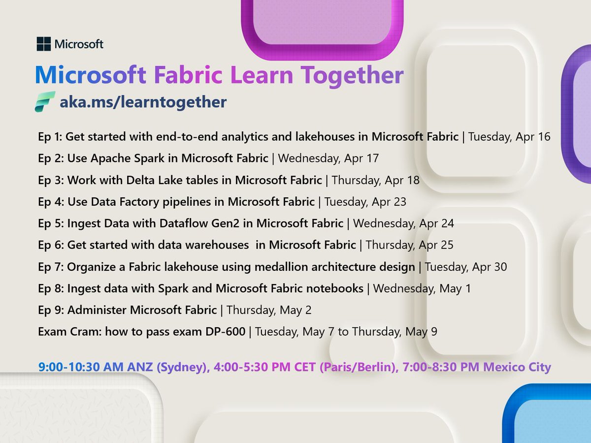 My dear #MicrosoftFabric friends, if you are searching for the best way to learn Fabric, and get ready for the DP-600 exam, look no further and join the Microsoft Learn Together series, which kicks off today! It's FREE and you'll get a chance to learn from the global experts!