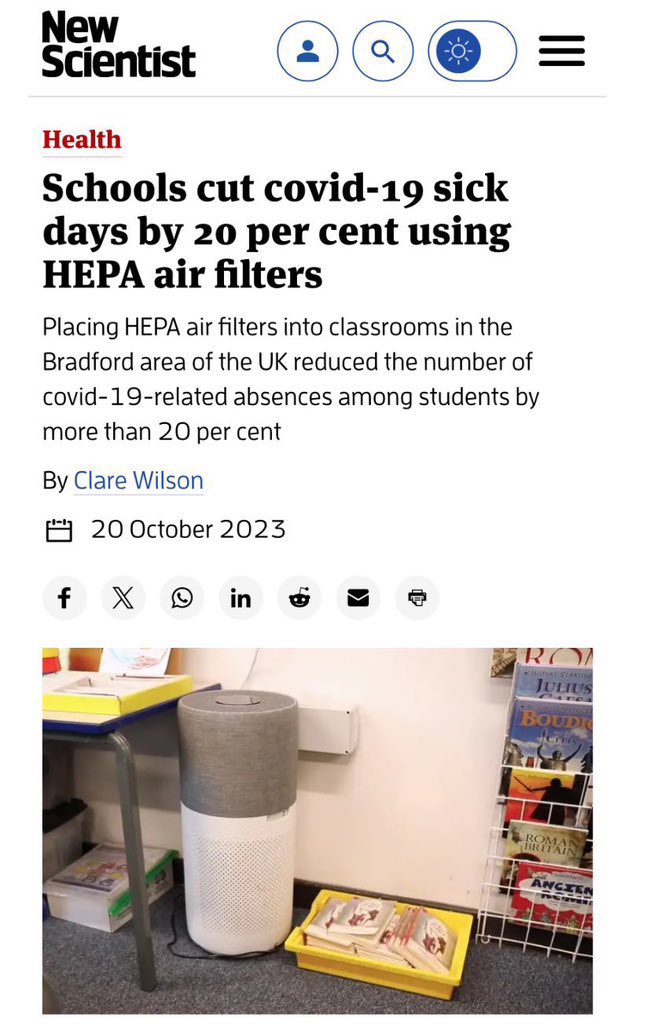 ▪️A study conducted in Bradford showed that Covid-related illness absence in schools was reduced by >20% when HEPA air filters were used in classrooms. newscientist.com/article/239871