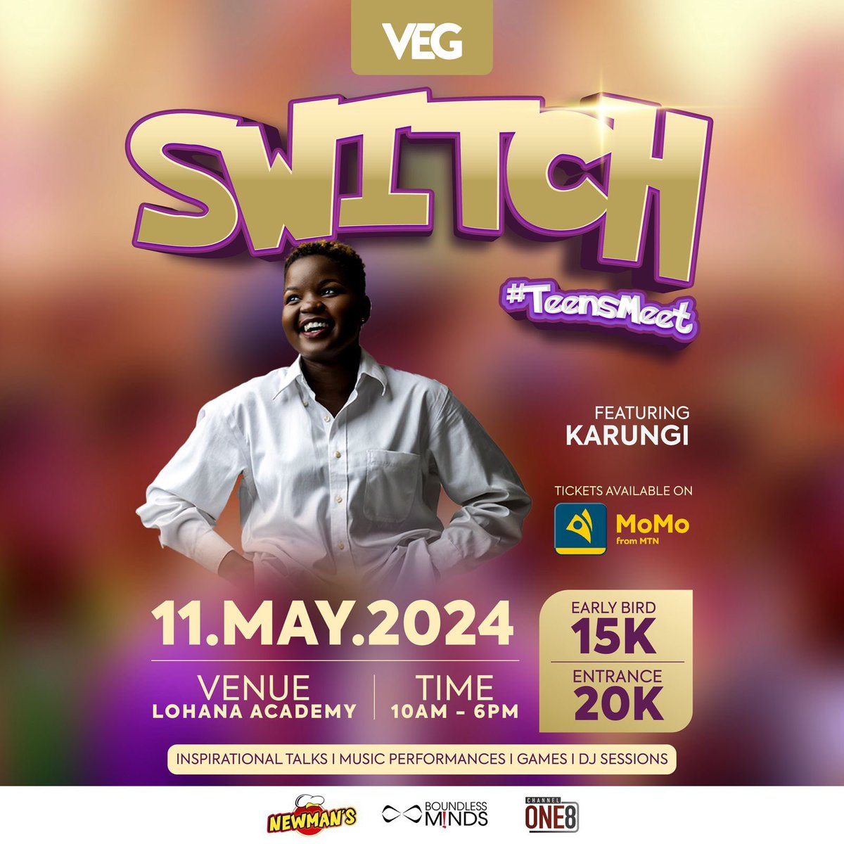 Good news good news Early bird tickets are available at 15k for #Switch2024 Hurry while stocks last an pay with @mtnmomoug Artists @levixone and @256Karungi will be there to make our experience even better. #TeensMeet Cc @VineEntGroup