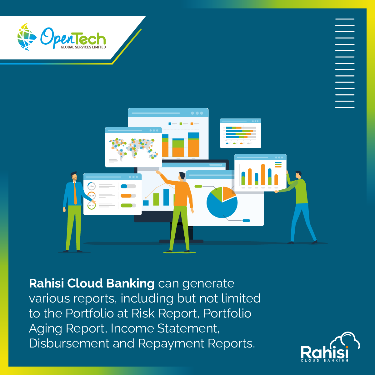 With Rahisi Cloud Banking! You can access a range of management reports like loan disbursed reports, portfolio at risk reports, and you can customize reports to suit your specific needs
#Microfinance #Reporting #CentralBank #CloudSolution #Fintech #MobileMoney  #PersonalLoan