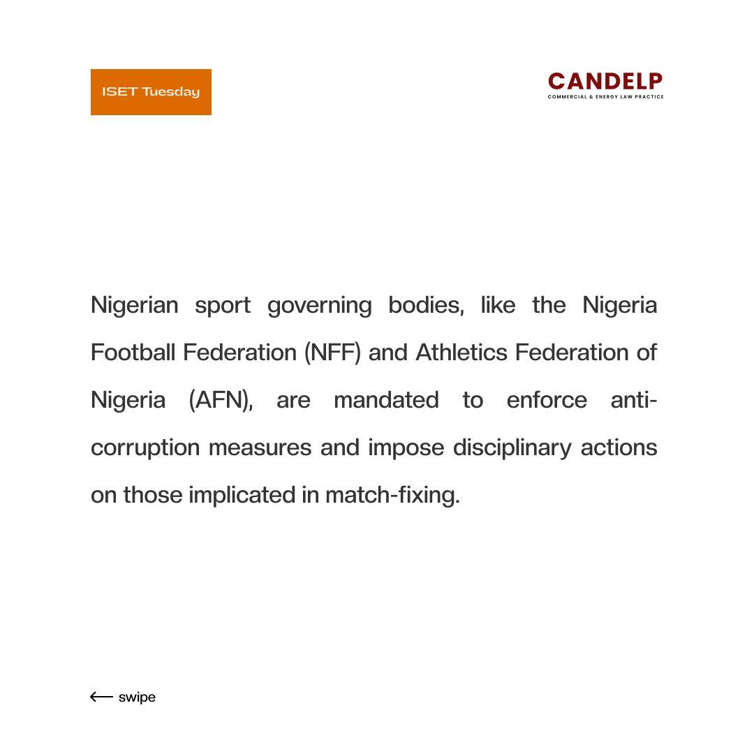 ISET TUESDAY 
Safeguarding Legal Integrity in Nigerian Sports

Combating Match Fixing
In Nigeria's vibrant sports scene, match-fixing poses a grave threat to fair competition. 

#SportsIntegrity #SportRegulations #AFN #sportsEthics  #Fraudprevention