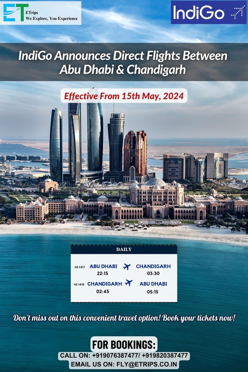 IndiGo Announces Direct Flights Between Abu Dhabi & Chandigarh
@IndiGo6E #IndiGo #AbuDhabi #Chandigarh #Etrips #Flightbooking #Hotelbooking #Tourpackage #Booknow #DirectFlights #TravelNews #AirTravel #Connectivity #FlightAnnouncement #Travelupdates