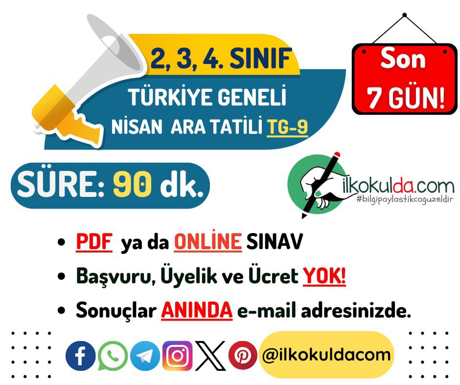 ilkokuldacom's tweet photo. 📌 İlkokul 2️⃣, 3️⃣, 4️⃣. Sınıf NİSAN Ara Tatili Sınavı PDF ve ONLİNE Türkiye Geneli Deneme Sınavı TG-9 (Son 7️⃣ GÜN ‼️)

✔️ 2️⃣. Sınıf: https://t.co/sDBmVz89qs

✔️ 3️⃣.Sınıf: https://t.co/I0GPKrJMaK

✔️ 4️⃣.Sınıf: https://t.co/qy7G7QRCii

#bilgipaylastikcaguzeldir #ilkokuldacom https://t.co/uZ7KHn2wvh
