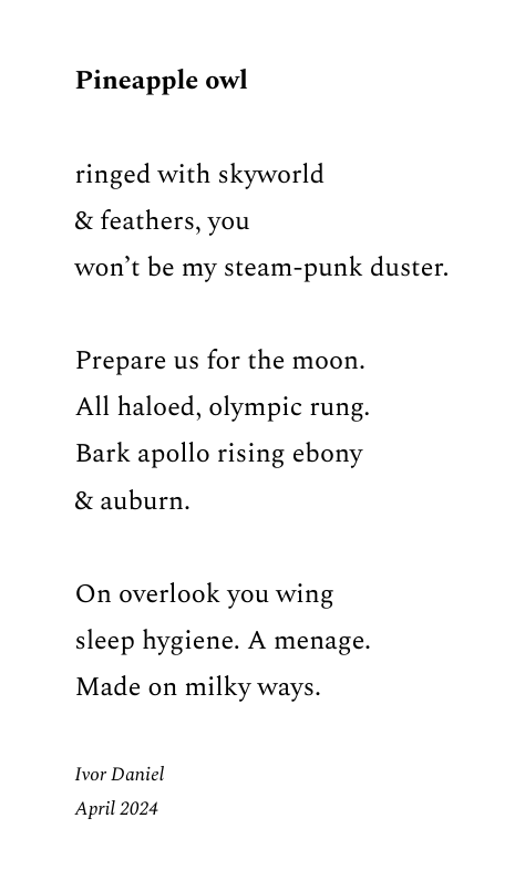 @frede_kenter @folkheartpress @PaulDragonwolf1 @VWC_Writes @JulianD86666247 @merril_mds @Rose_Siyaniye @aliner Hi Paul @PaulDragonwolf1 #WombwellRainbow
#EkphrasticChallenge. Here's a poem inspired by 
Karen's @folkheartpress photo, & Robert's @frede_kenter  pineapple king poem. Ty all. 
🍍🦉#NaPoMo @ArtistreesS