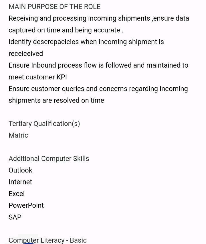 Capturer, Data Operations, Solutions

DSV, PTA 

Closing date Not Specified

Tertiary Qualification(s)
Matric

Additional Computer Skills
Outlook
Internet
Excel
PowerPoint
SAP

Computer Literacy - Basic
Electives
Good Team Player
