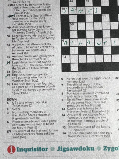 I made the Independent Jumbo General Knowledge crossword, 63 across. Strangely it feels like a career high. 🤣