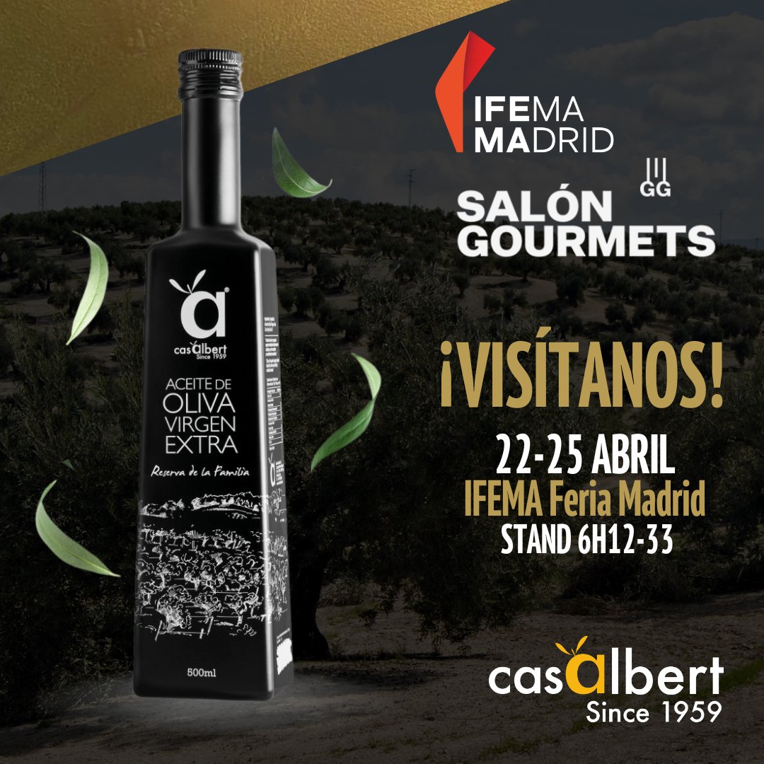 Aceites Albert estará presente en #SalónGourmets 2024, que se celebrará en IFEMA (Madrid), del 22 al 25 de abril. En esta edición, podréis descubrir nuestros selectos #AOVEs y aceites de alto rendimiento para profesionales HORECA.

Os esperamos en el Pabellón 6, Stand 6H12-33.