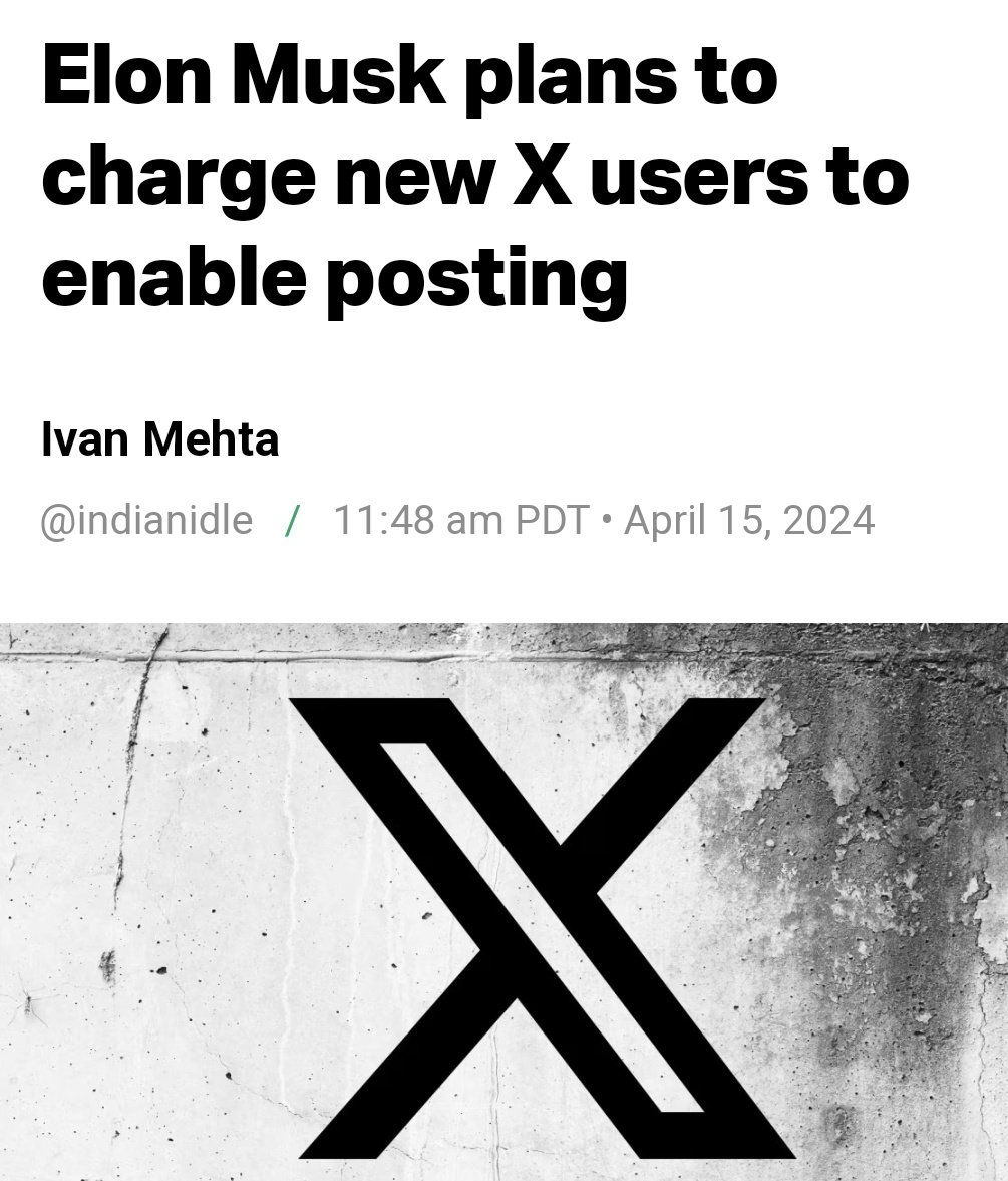 So, Musk will now charge ALL new 'X' users a 'small fee'

Please be clear, this is NOT about stopping bots this is about self-doxxing & DATA HARVESTING!! 

Although, it is slightly amusing to watch any Elon bummers slowly catch on...

Newsflash, he's NOT your fucking friend 😬
