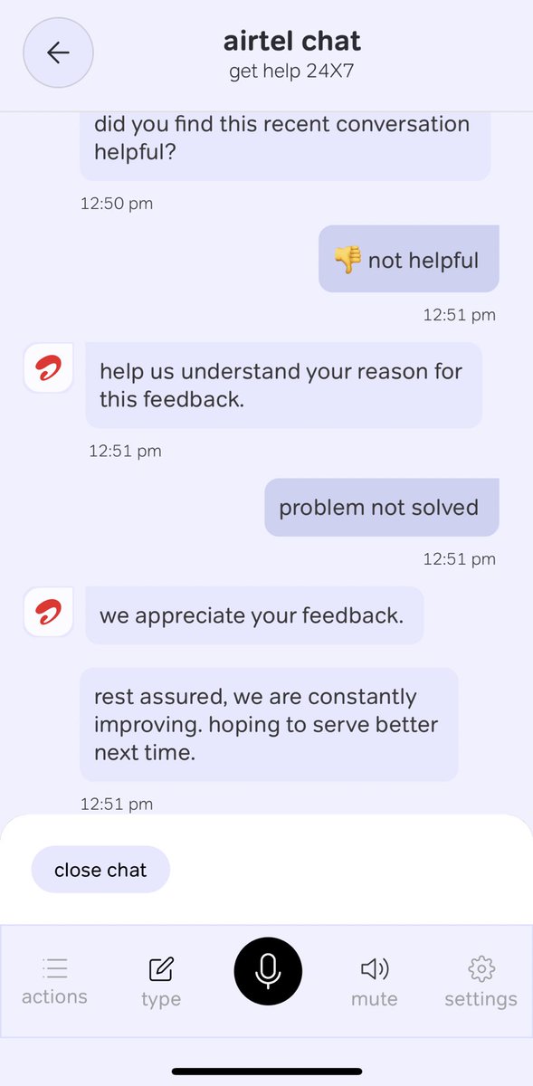 Hey <a href="/airtelindia/">airtel India</a> <a href="/Airtel_Presence/">Airtel Cares</a> I have constant issues raising a complaint through your app. Always redirects me to a chatbot that is useless. I can’t raise a complaint, cant connect to a representative. This is the worst customer experience.