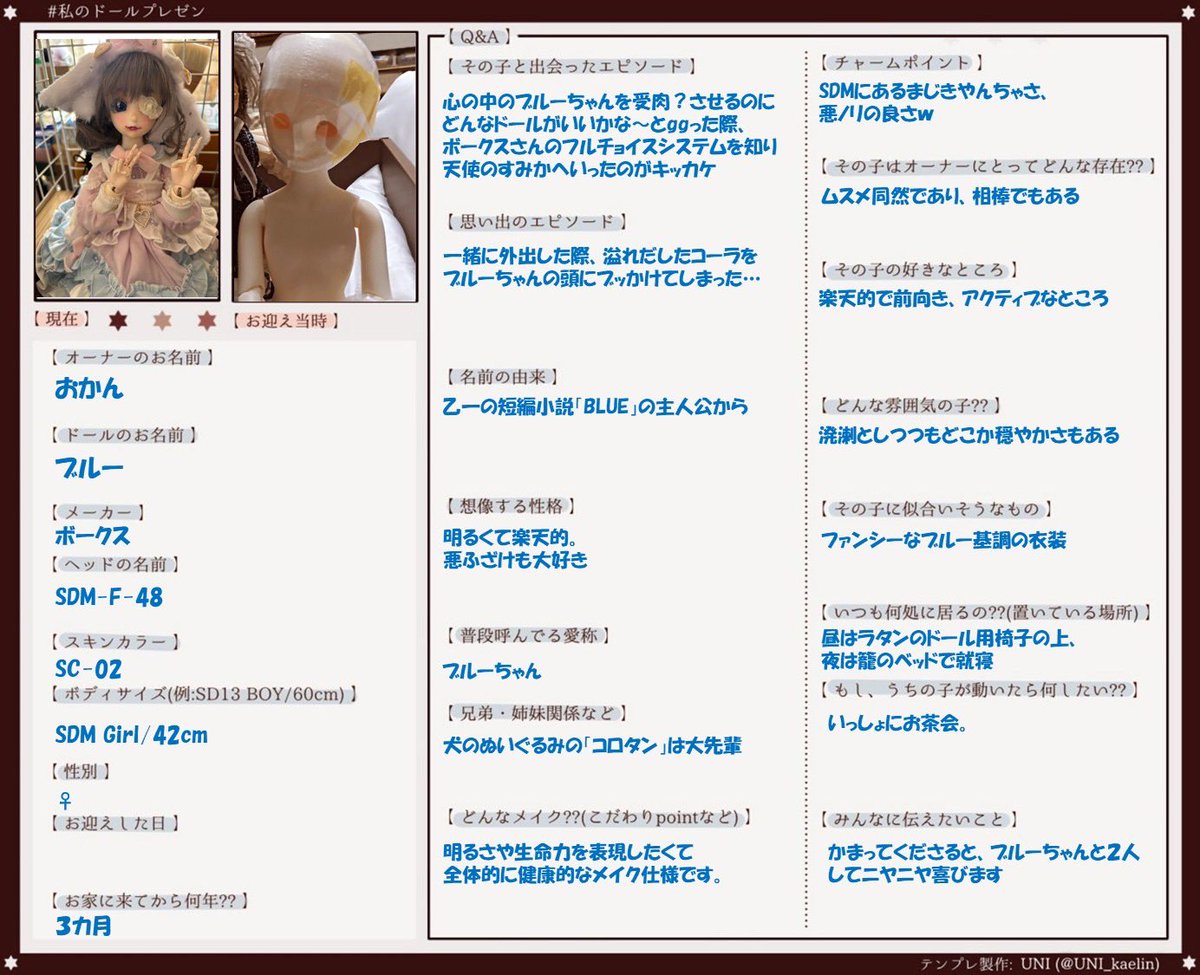 okan_0301's tweet photo. 自分とブルーちゃんのプロフ作ってみました。
よろしければ読んでやって下さい（^人^）

#ドールオーナーさんと繋がりたい https://t.co/eNlTnJ3BJ4