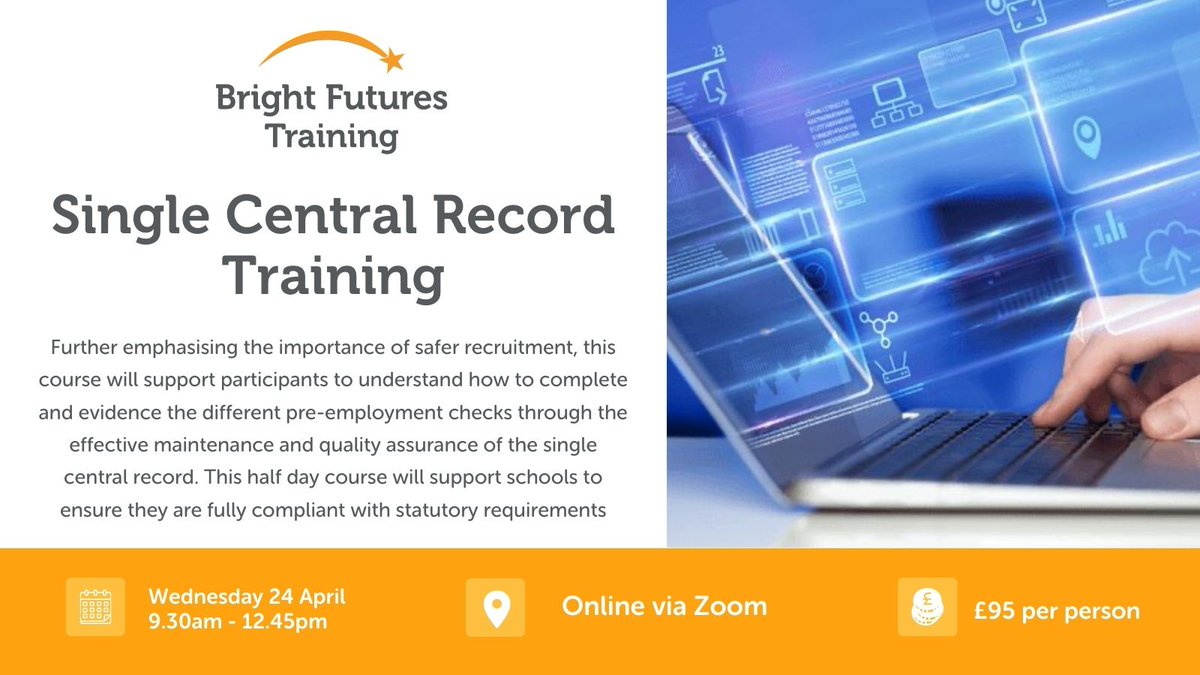 Our Single Central Record training is taking place next week via Zoom and there are still some spaces left! Head to our website to book your place 👇 training.bright-futures.co.uk/courses/single…