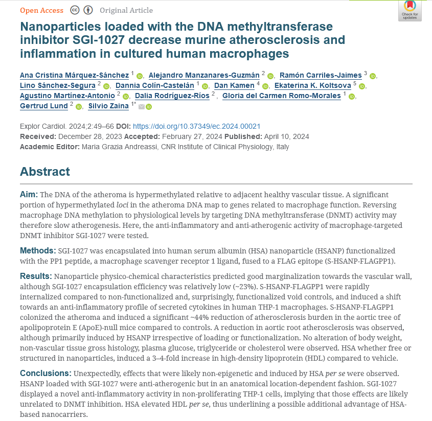 📣 Published Article Sharing!

Title: Nanoparticles loaded with the DNA methyltransferase inhibitor SGI-1027 decrease murine atherosclerosis and inflammation in cultured human macrophages

explorationpub.com/Journals/ec/Ar…
