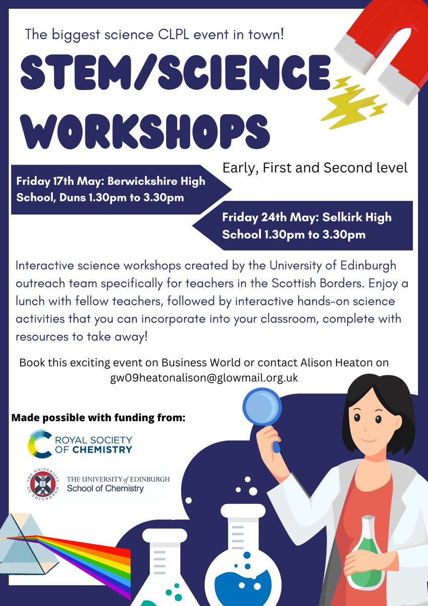 Excited to share a CLPL opportunity for Scottish Borders teachers in partnership <a href="/EdinburghUni/">The University of Edinburgh</a> and <a href="/RoySocChem/">Royal Society of Chemistry</a>  In person science workshops at Selkirk High School (24th May) and Berwickshire High School (17th May). Book your place now! <a href="/RaiseScotland/">RAiSE</a> <a href="/SBCProfLearning/">SBCProfessionalLearning</a> <a href="/SelkirkHS/">Selkirk High School</a>