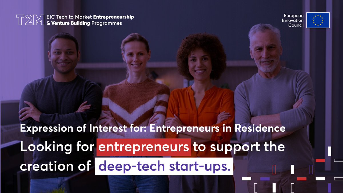 Want to join the #EUeic in supporting the creation of #deeptech ventures? 💡
Have experience in #AgriTech & #FoodTech? 🌾

The EIC T2M Venture Building Programme is looking for Entrepreneurs in Residence to team up with researchers  to build #startups.

 👉bit.ly/EICT2M