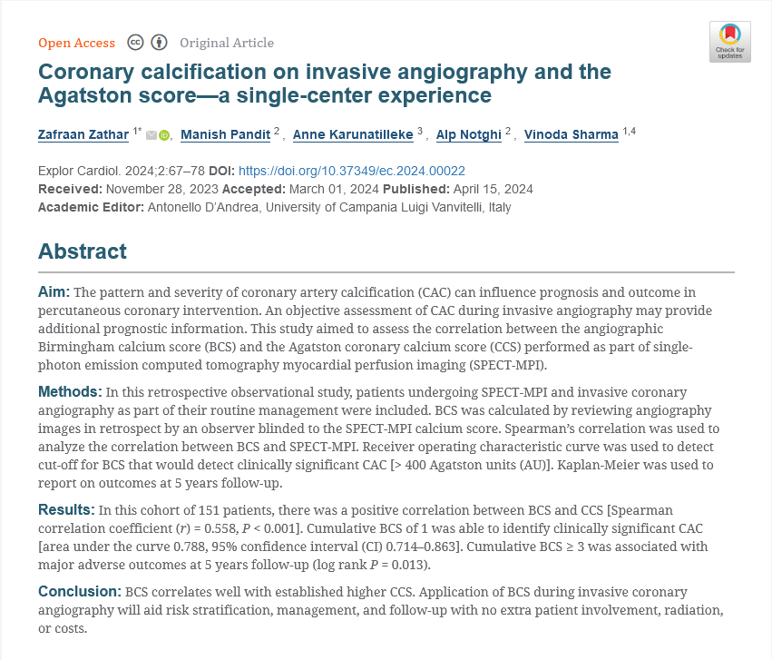 📣 Published Article Sharing!

Title: Coronary calcification on invasive angiography and the Agatston score—a single-center experience

Keywords: #Coronary artery calcification, Birmingham #calcium score, #invasive #angiogram, calcium #scoring

Link: explorationpub.com/Journals/ec/Ar…