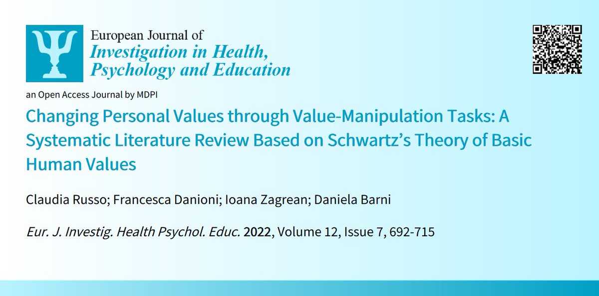 😍Welcome to read👉'#ChangingPersonalValues through #ValueManipulationTasks: A #SystematicLiteratureReview Based on #SchwartzsTheory of #BasicHumanValues'📜by🧑‍🏫Claudia Russo et al.:📎mdpi.com/2254-9625/12/7…
#personalvalues #valuechange #Schwartzstheoryofvalues #valuemanipulation