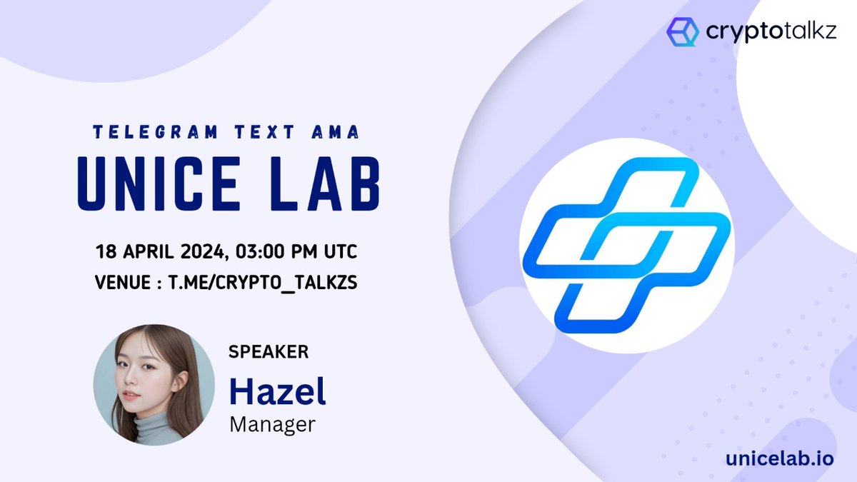 CryptoTalkzInfo's tweet photo. 🎙️ We are excited to announce our next #TelegramTextAMA featuring UNICE, on April 18th at 3 PM UTC.
🏠 Venue : https://t.co/huOuDo7Tqj
UNICE is an AI-based blockchain messenger that combines medical expertise with emotion analysis technology, supporting users' healthy lives simply through overcoming language barriers and facilitating communication with others.
〽️ Rules
1⃣ Follow @unicelab & @CryptoTalkzInfo
2⃣ Like & RTt