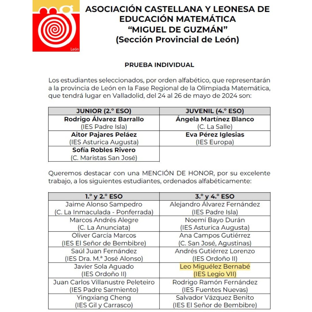 Damos la enhorabuena a Leo Miguélez Bernabé por obtener una mención de honor en la fase provincial de la Olimpiada Matemática. ¡Felicidades! 👏 #olimpiadadematematica #olimpiadadematemáticas