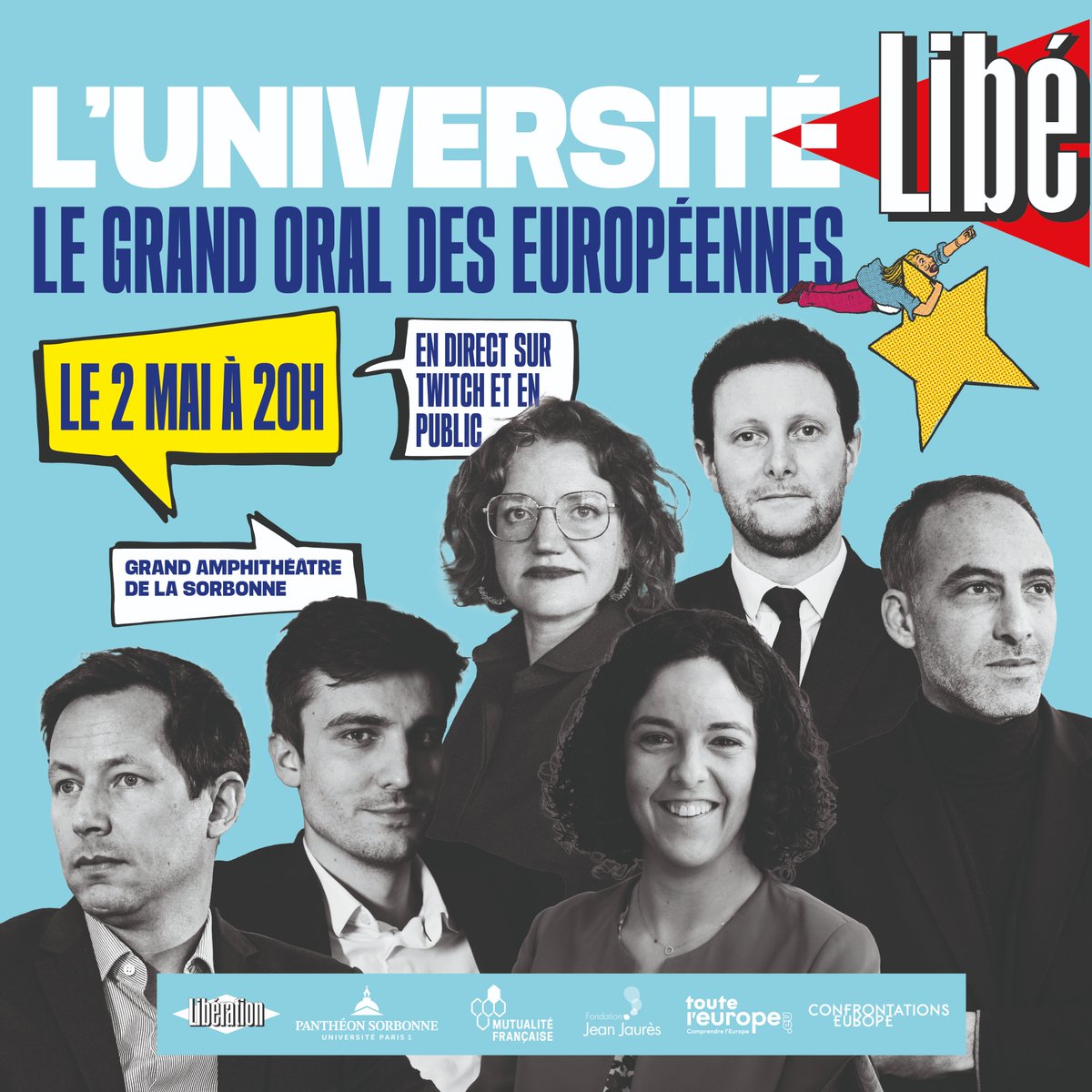 #Europeennes2024. Un scrutin historique ? Sans doute... Face à l'extrême droite, à la guerre en Ukraine: comment renouer avec une Europe qui défend ses valeurs démocratiques, protège ses citoyens les plus fragiles ? Le Grand O de @libe à @SorbonneParis1 le 2 mai à 20h. Billets ⤵️