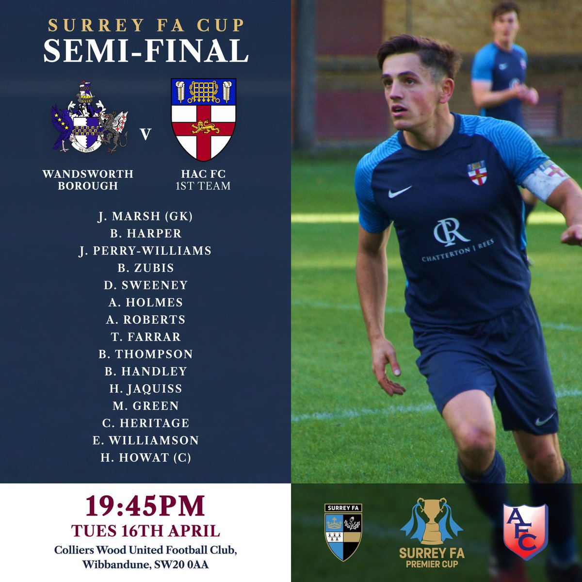 🚨MATCHDAY🚨

It is semi-final time as the 1XI face off against fellow AFC side <a href="/WandsworthB_FC/">WandsworthBoroughFC</a> looking to make it into the final of the <a href="/surreyfa/">Surrey FA</a> Saturday Premier Cup!

⏰ 19:45 KO
📍 Colliers Wood United FC, Wibbandune, SW20 0AA

#UTHAC🔵🟣