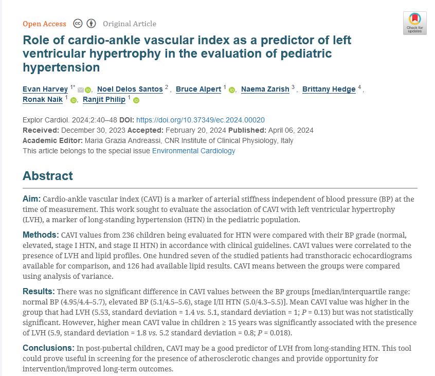 📣 Published Article Sharing!

Title: Role of cardio-ankle vascular index as a predictor of left ventricular hypertrophy in the evaluation of pediatric hypertension

Link: explorationpub.com/Journals/ec/Ar…
