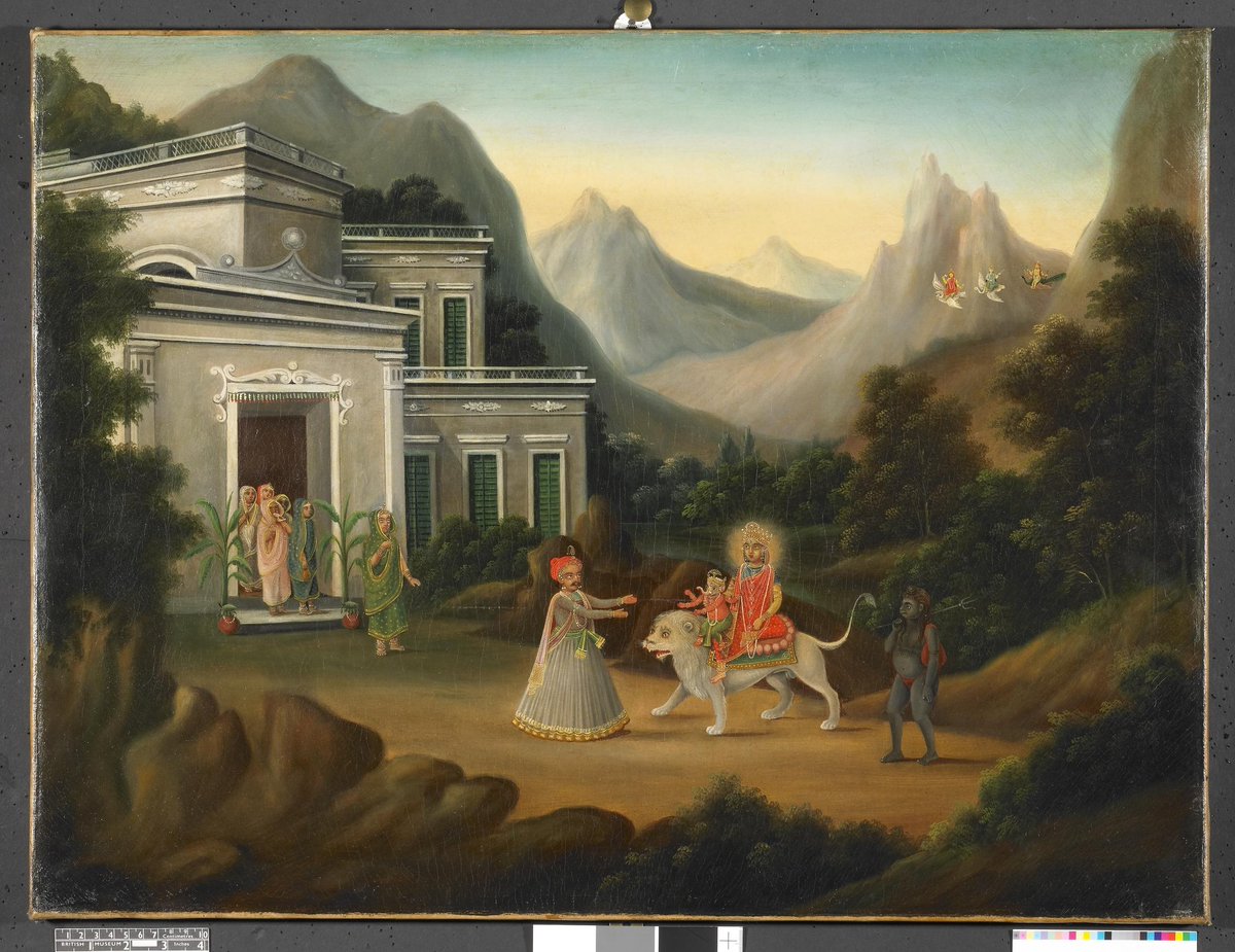 Devi Agaman - the return of Goddess #Durga at the time of the #DurgaPuja She rides on Her Lion Vahana & is welcomed by a householder with attending womenfolk On top right Lakshmi, Sarasvati & Kartikeya descend from the Himalaya c1850 #Bengal #CompanyPainting now @britishmuseum