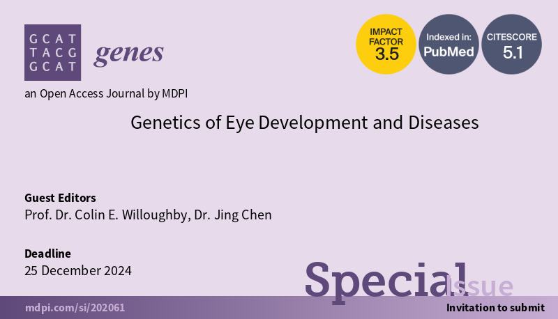Prof. Colin Willoughby from @UlsterUni and Dr. Jing Chen from @HMSeye have joined us as Guest Editors for an issue on the genetics of #EyeDevelopment and diseases. Read more about it: mdpi.com/journal/genes/…