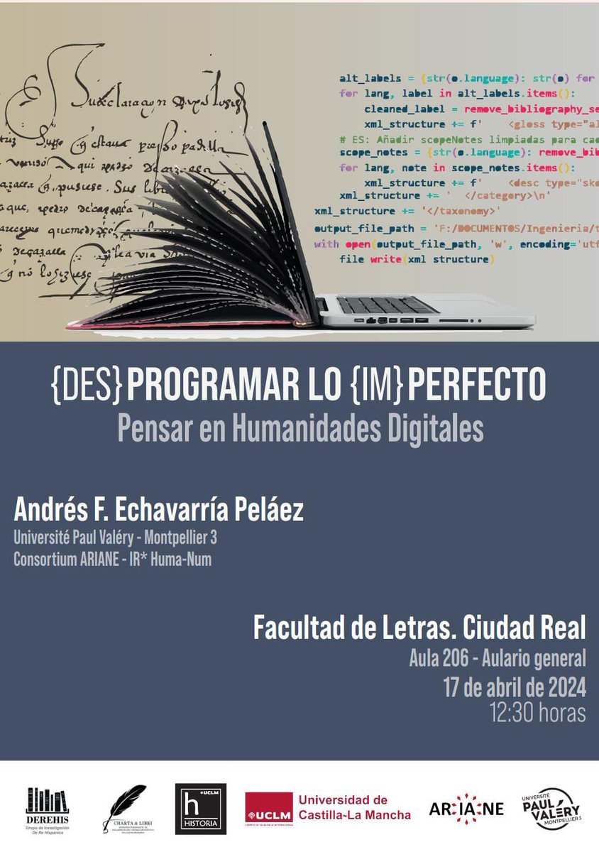 Francisco J. Moreno (@morenodiazcampo) on Twitter photo Mañana "(des)programamos lo (im)perfecto" y hablamos un ratito sobre #HumanidadesDigitales en <a href="/DeLetras_UCLM/">Facultad Letras UCLM</a> <a href="/uclm_es/">Universidad de Castilla-La Mancha</a>
👇
Actividad de extensión docente:
🗣️Andrés F. Echavarría
📅 17.4.2024
⏰ 12:30 horas
🏫 Ciudad Real. Aulario Polivalente. UCLM. Aula 206 Mañana "(des)programamos lo (im)perfecto" y hablamos un ratito sobre #HumanidadesDigitales en <a href="/DeLetras_UCLM/">Facultad Letras UCLM</a> <a href="/uclm_es/">Universidad de Castilla-La Mancha</a>
👇
Actividad de extensión docente:
🗣️Andrés F. Echavarría
📅 17.4.2024
⏰ 12:30 horas
🏫 Ciudad Real. Aulario Polivalente. UCLM. Aula 206