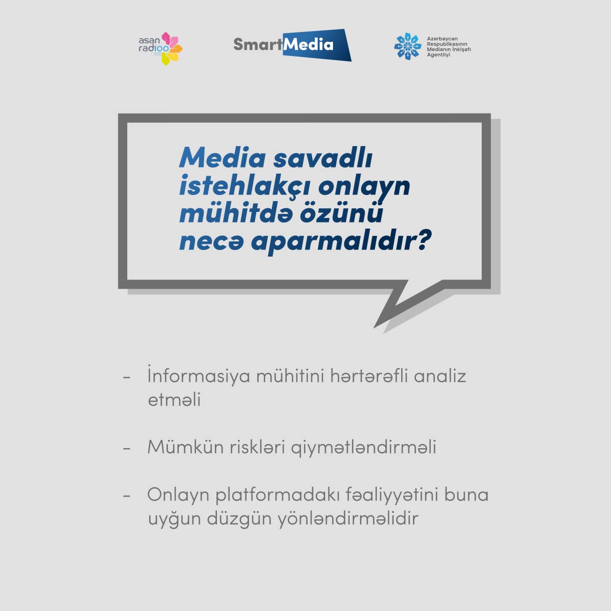 MediaGovAz's tweet photo. "Smart media" rubrikasında bu dəfə "Media savadlı istehlakçı onlayn mühitdə özünü necə aparmalıdır?" sualı cavablandırılıb.
#MEDİA #ASANRadio #100fm #mediasavadlılığı #smartmedia https://t.co/MOjPhHE2A7