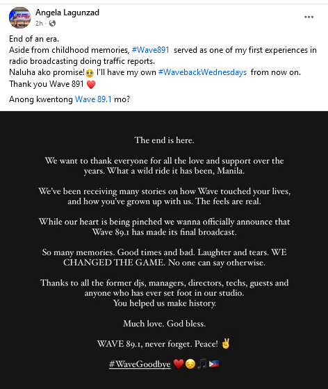 ralphierce's tweet image. Here's a little known fact:
@onenewsph anchor @angelalagunzad began her broadcast career as a traffic reporter for #Wave891. On Facebook, Angela was saddened upon learning the news of its closure.