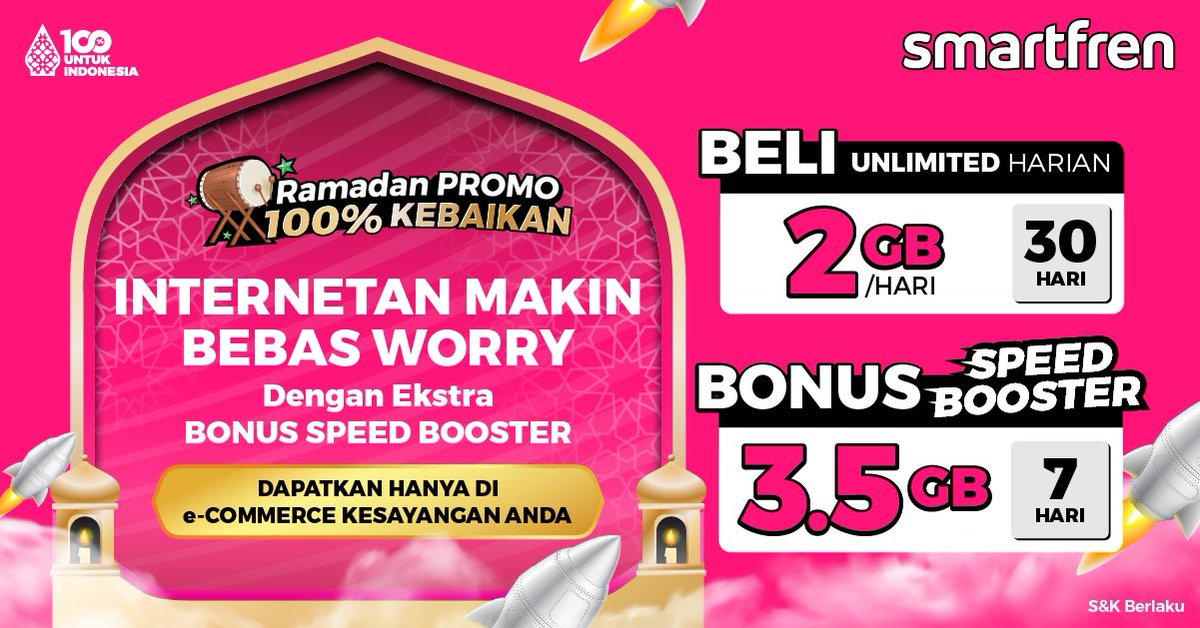 Internetan makin bebas worry! Dapetin ekstra bonus SPEED BOOSTER 3.5GB/7Hari tiap pembelian UNLIMITED Harian 2GB/Hari (30Hari). Yuk, beli sekarang hanya di e-commerce kesayangan Kamu atau klik linktr.ee/SFRamadanHemat Cek juga promo Ramadan lainnya di smartfren.com/ramadan