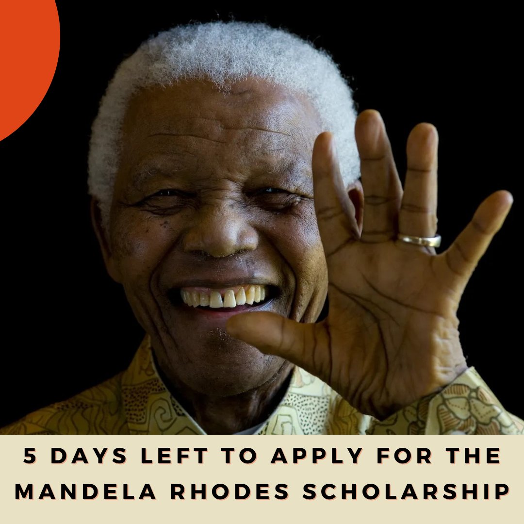 Five days left! The Mandela Rhodes scholarship applications closes on the 21stof April. Start your application process. bit.ly/3U3d74D #MandelaRhodesScholar #ExceptionalLeadership #YoungAfricanLeaders