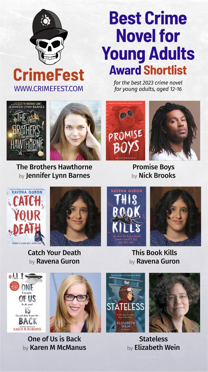 Nominees for the Best Crime Novel for Young Adults are: @jenlynnbarnes Nick Brookes; @RavenaGuron @writerkmc @Ewein2412 #CrimeFestAwards