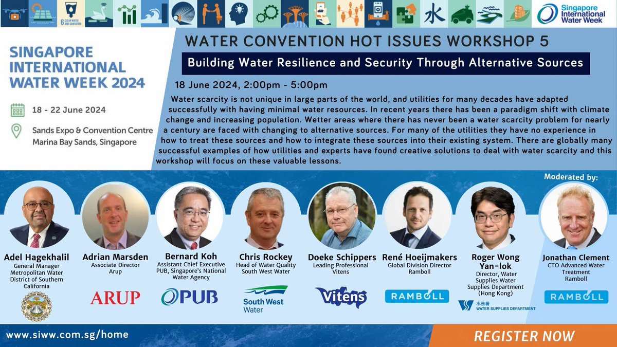[#SIWW2024 Water Convention] Hot Issues Workshop 5: Building Water Resilience and Security Through Alternative Sources 📅 18 June 2024 (Tuesday) 🕛 2:00pm – 5:00pm 🌟 Register for SIWW2024 now! lnkd.in/gfhtXBCm