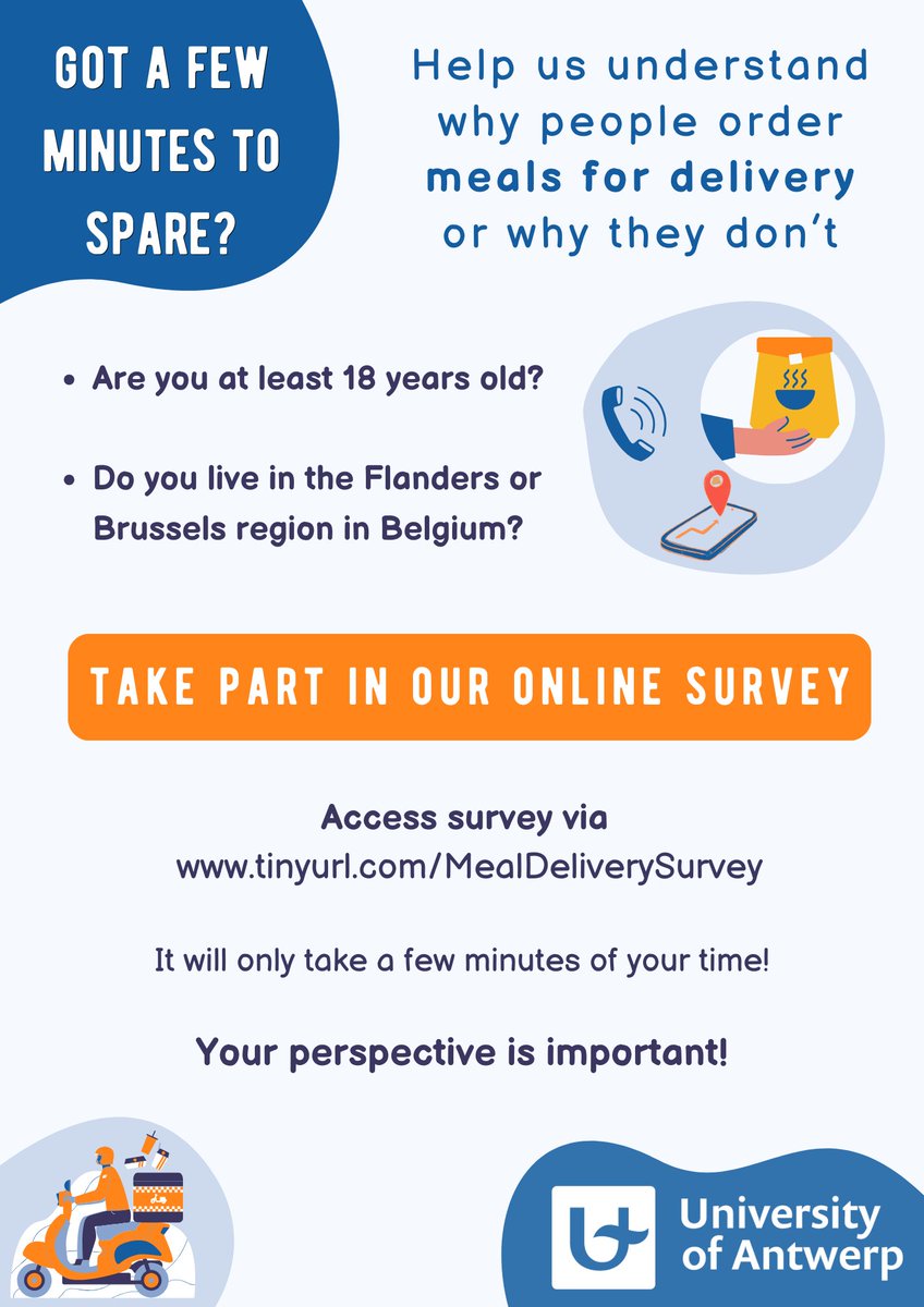 You are 18 or older. You live in #Flanders or #Brussels in #Belgium. We want to hear from you! Help us understand #food ordering behaviours by taking our #survey. 🍣🍕🍔🥗 ➡️tinyurl.com/MealDeliverySu… Survey available in English, Dutch and French. #fooddelivery #takeawaydelivery