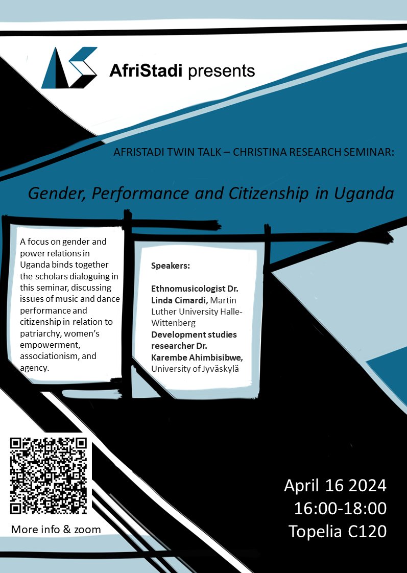 Happening today: our Twin Talk bringing together ethnomusicology &amp; development studies to explore gender, performance &amp; citizenship in Uganda. Also on Zoom: helsinki.zoom.us/s/68711395943