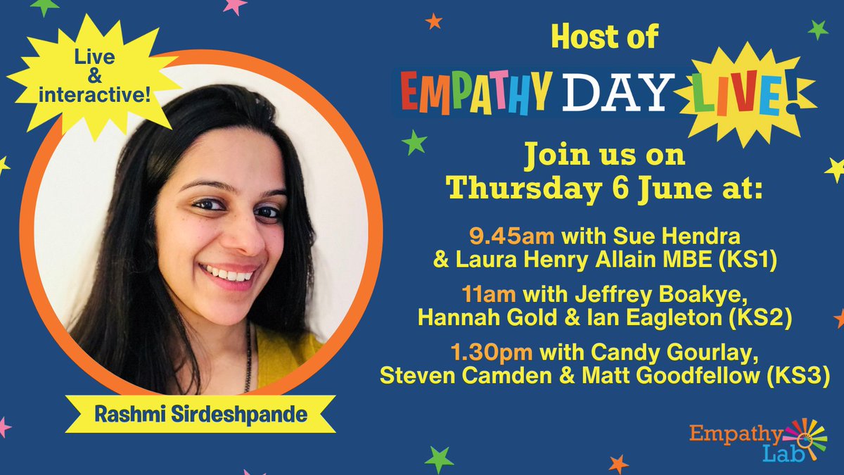 @MichaelRosenYes @KidsBloomsbury @AndersenPress It's our pleasure to announce @RashmiWriting as the HOST of Empathy Day Live! Rashmi will chair all 3 of our live, interactive #EmpathyDay events, bringing all the fun and empathy alongside lots of author & illustrator friends 🎙️⚡️ @QuartoKids empathylab.uk/empathy-day