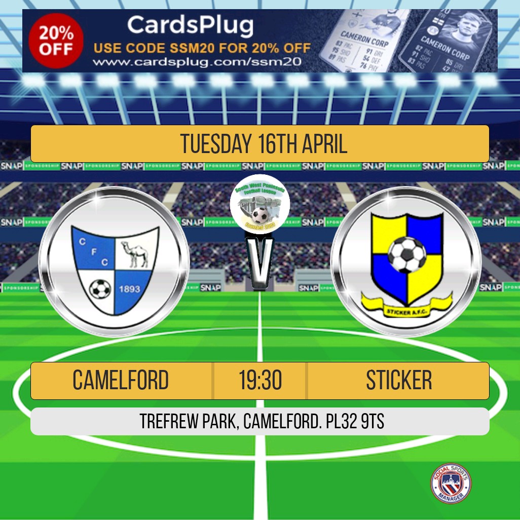 It's match day as we host @StickerAFC at Trefrew Park with a 7.30pm ko. Please come along and support the Camels.🐪💙 @swpleague @swsportsnews @Cornishfootball @KJMsport57 @ThePostSeries