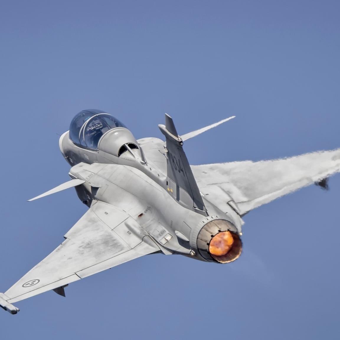 Swedish Air Force SAAB 39D Gripen has a delta wing and canard configuration with relaxed stabilitydesign and fly-by-wire flight controls. Later aircraft are fully NATO interoperable. As of 2020, more than 271 Gripens of all models, A–F, have been delivered