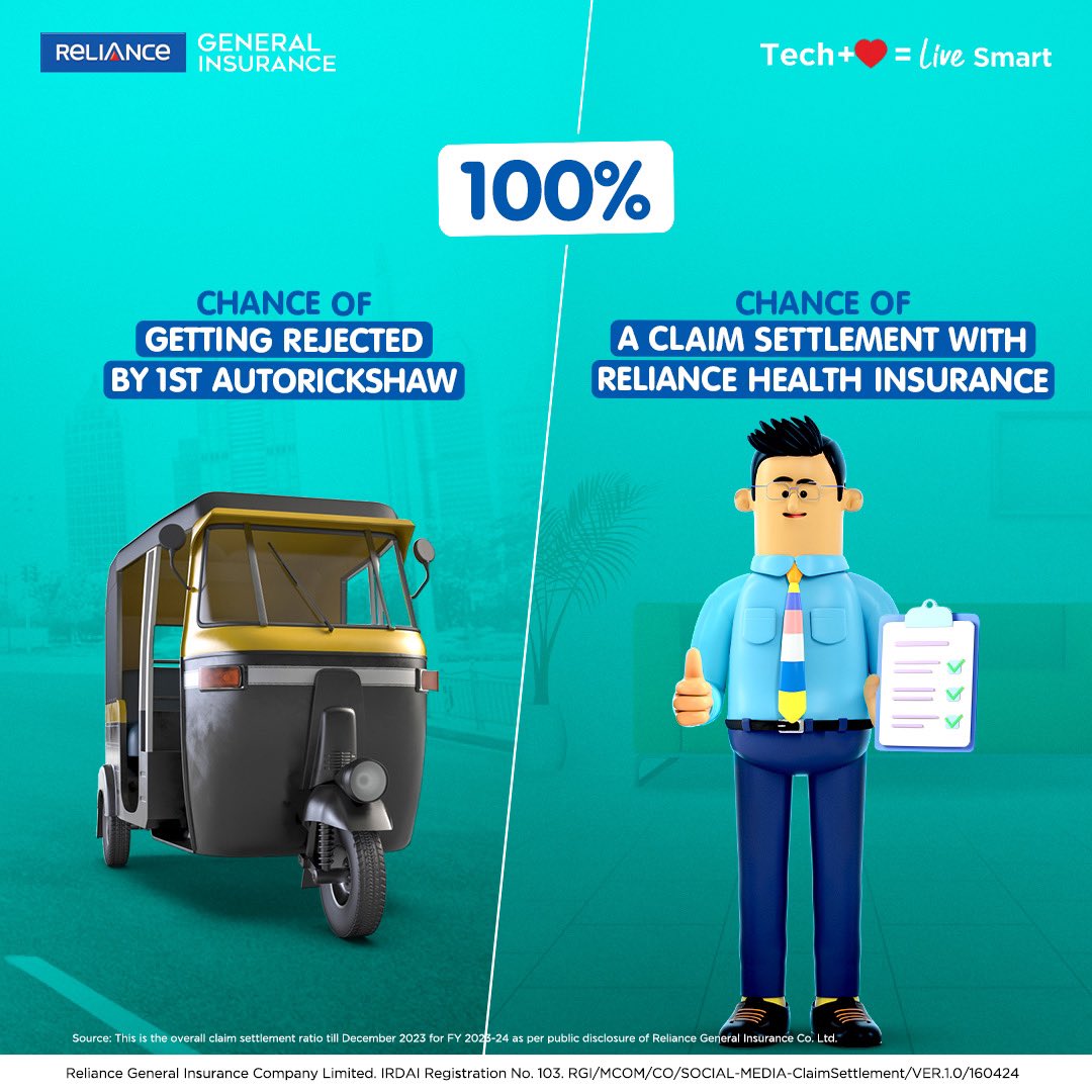 Rickshaw wale ko convince karna padega, humein nahi! 🛺✨ Source: This is the overall claim settlement ratio till December 2023 for FY 2023-24 as per public disclosure of Reliance General Insurance Co. Ltd Visit us at: bit.ly/RGIWebsite #RelianceGeneralInsurance #Tech+❤