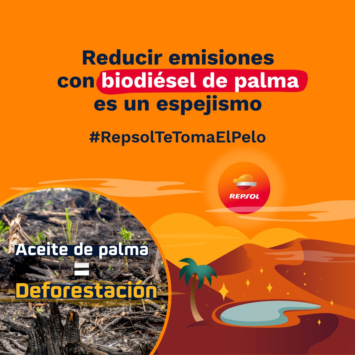 @Repsol @CNMC_ES @MSocialGob 🧙🏾‍♂️ ¿Baja huella de carbono? ✨
Los biocombustibles de @Repsol no son trazables, no se puede asegurar que no contengan aceite de palma de la deforestación. Lo excluye de su cálculo de huella de carbono y engaña a las consumidoras.❌
#RepsolTeTomaElPelo
#DenunciamosARepsol