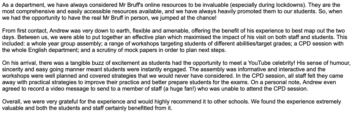 MrBruffEnglish's tweet photo. I'm now taking school visit bookings for Sept 2024 onwards. Pricing is dependent on travel requirements, so kindly mention location in your email. For details, email info@mrbruff.com. Here's one recent testimonial: https://t.co/a6gfcUJ27E