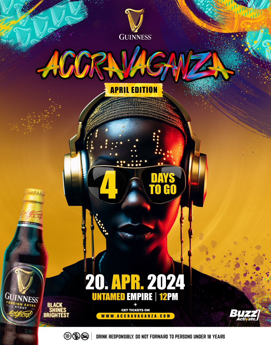 It’s officially declared Guinness AccraVaganza week. 4️⃣ DAYS MORE TO GO. #GuinnessAccraVaganza #BlackShinesBrightest #Guinness TICKETS🎫 here👉🏿 💻 accravaganza.com 📱👉🏿*714*999#