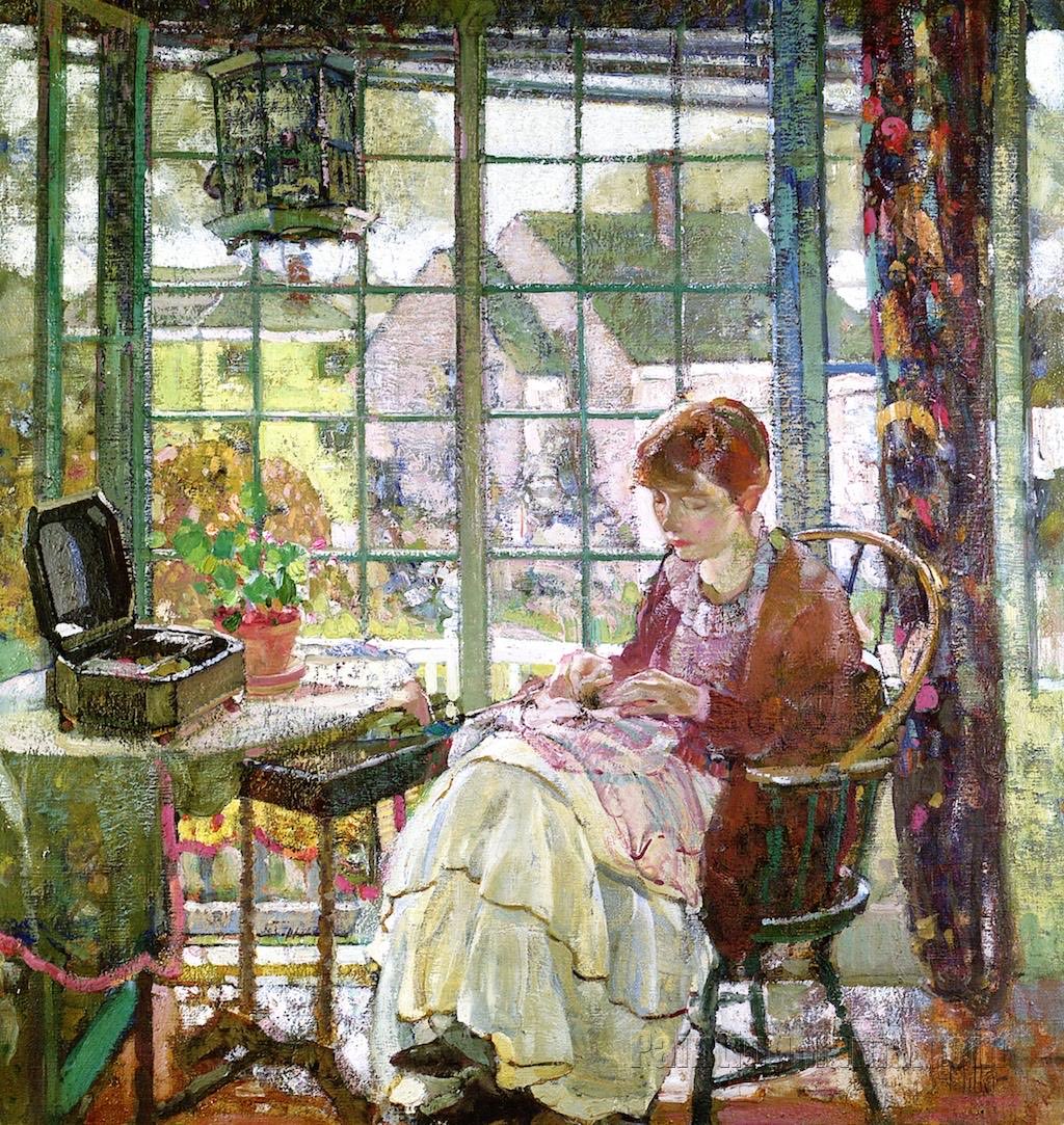 Woman Sewing (c. 1927) by Richard E. Miller (American, 1875-1943) Private collection