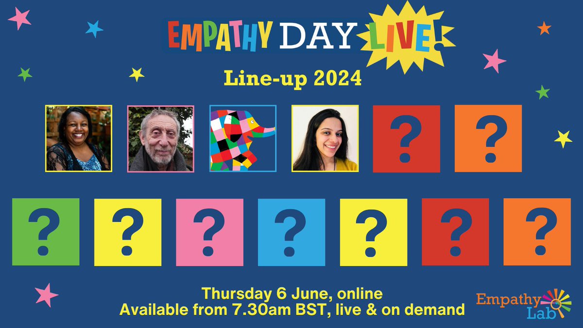 That's it for our first lineup announcement - it's already shaping up to be an unforgettable #EmpathyDay 🤩 

Stay tuned TOMORROW after school for our next group of authors & illustrators... who do you think it will be?🔍
 
Learn more at empathylab.uk/empathy-day

#childrensbooks