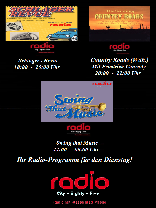 RadioCity1985's tweet photo. Das heutige Abendprogramm bei Radio City Eighty Five am Dienstag, den 16.04.2024! Schlager Revue von 18-20 Uhr (unmoderiert) Coutntry Roads von 20-22 Uhr mit Friedrich (Wdh.) Swing That Music von 22-00 Uhr (unmoderiert) zuhören könnt ihr auf unserer HP https://t.co/w0fCuNEUju https://t.co/tyHv8HpP3c