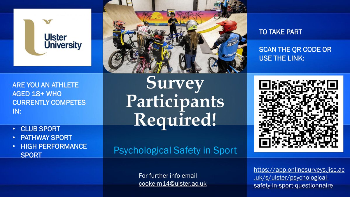 If you are (or know) an athlete aged 18+ who currently participates in competitive sport, please consider completing/sharing this survey to support <a href="/coaching__mc/">MC</a>'s PhD (<a href="/KyleParadis/">Dr Kyle Paradis</a>) and to help us better measure psychological safety in sport. Please RT. app.onlinesurveys.jisc.ac.uk/s/ulster/psych…